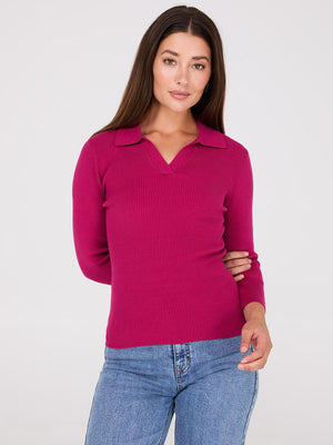 Johnny Collar Ribbed Top Raspberry