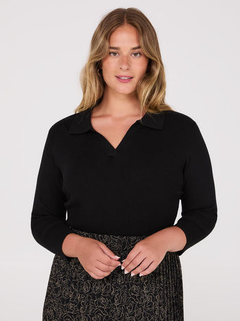 Johnny Collar Ribbed Top Black