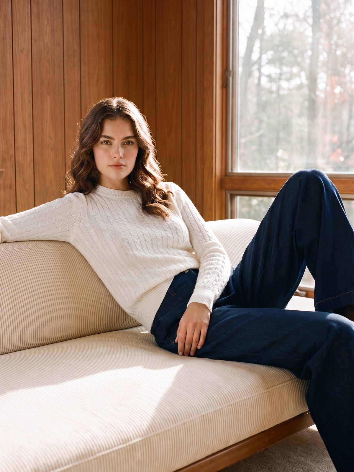 Snow White Cable Knit Crew Neck Sweater - Woman Wearing Classic Cable Knit Pullover - Suzy Shier