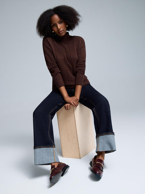 Square Pattern Mock Neck Sweater