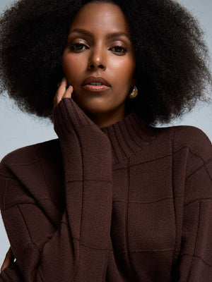 Square Pattern Mock Neck Sweater Dk Brown
