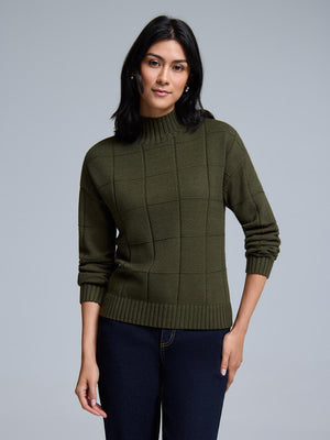 Square Pattern Mock Neck Sweater Dk Green