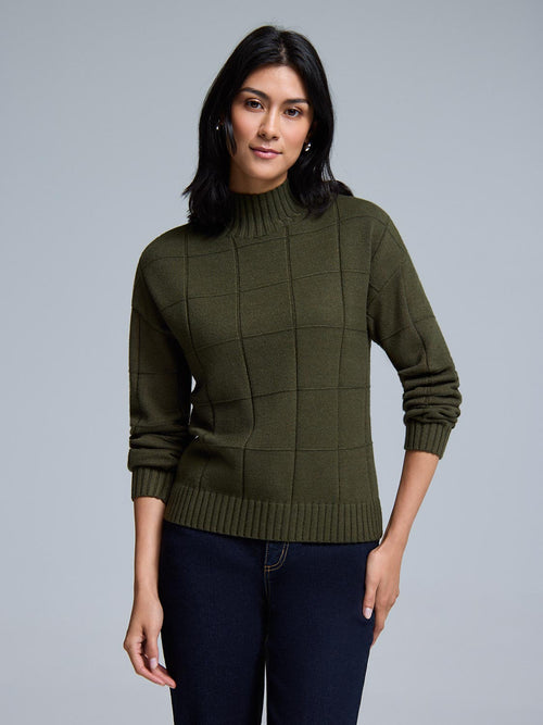 Square Pattern Mock Neck Sweater