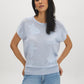 Xenon Blue Knit Crochet Sweater with Dolman Look - Woman Wearing Textured Open Weave Sweater - Suzy Shier
