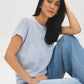 Xenon Blue Knit Crochet Sweater with Dolman Look - Woman Wearing Textured Open Weave Sweater - Suzy Shier