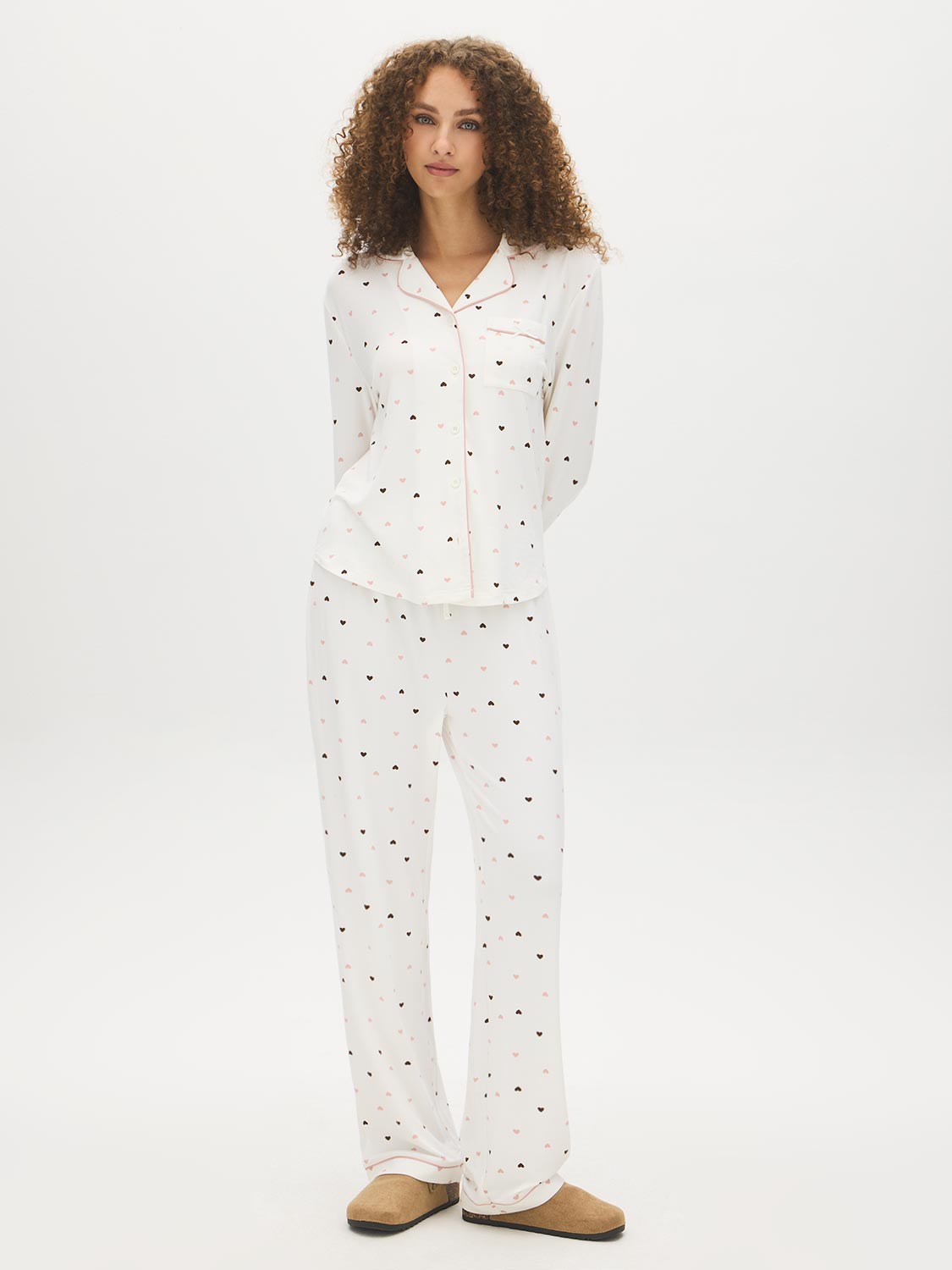 Snow White Hearts Print Two-Piece PJ Set - Woman Wearing Cozy Pajama Set - Suzy Shier
