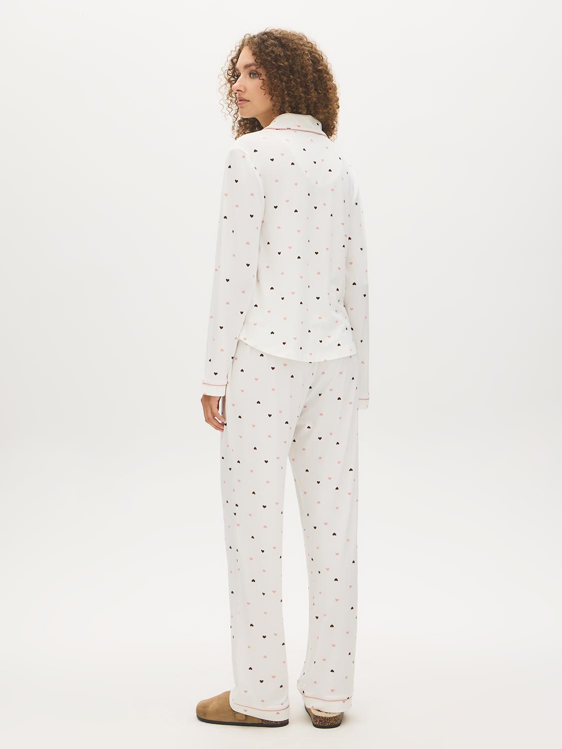 Snow White Hearts Print Two-Piece PJ Set - Woman Wearing Cozy Pajama Set - Suzy Shier