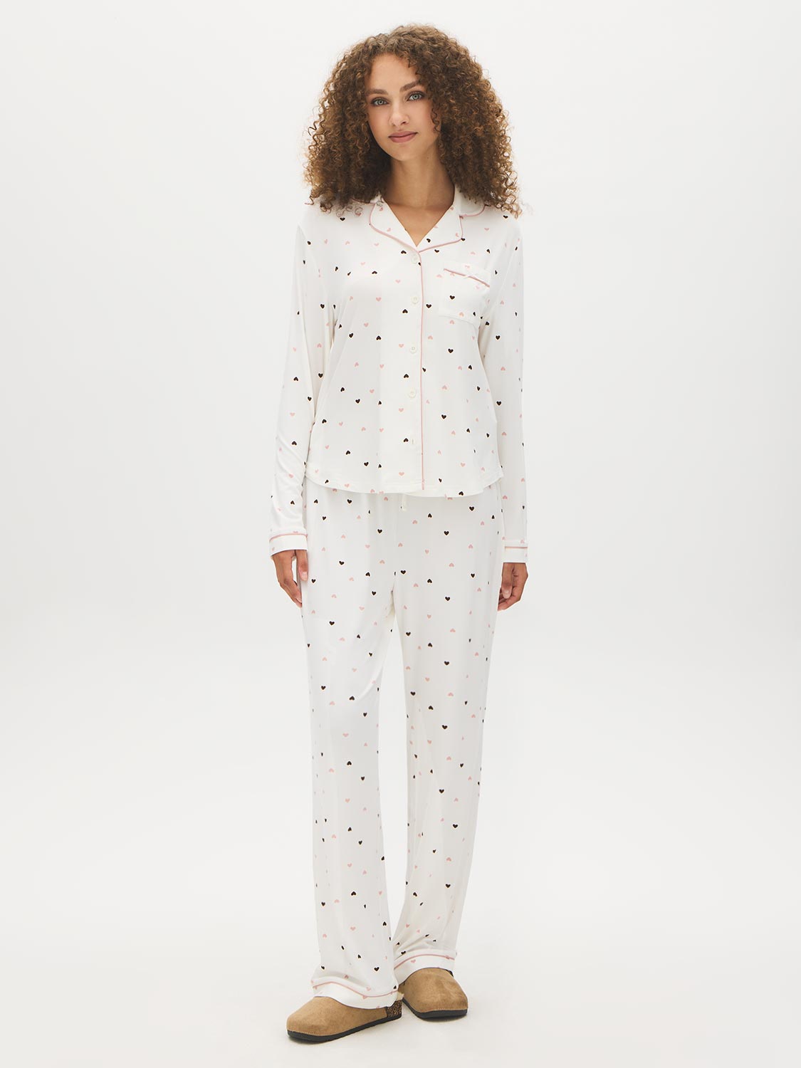 Snow White Hearts Print Two-Piece PJ Set - Woman Wearing Cozy Pajama Set - Suzy Shier