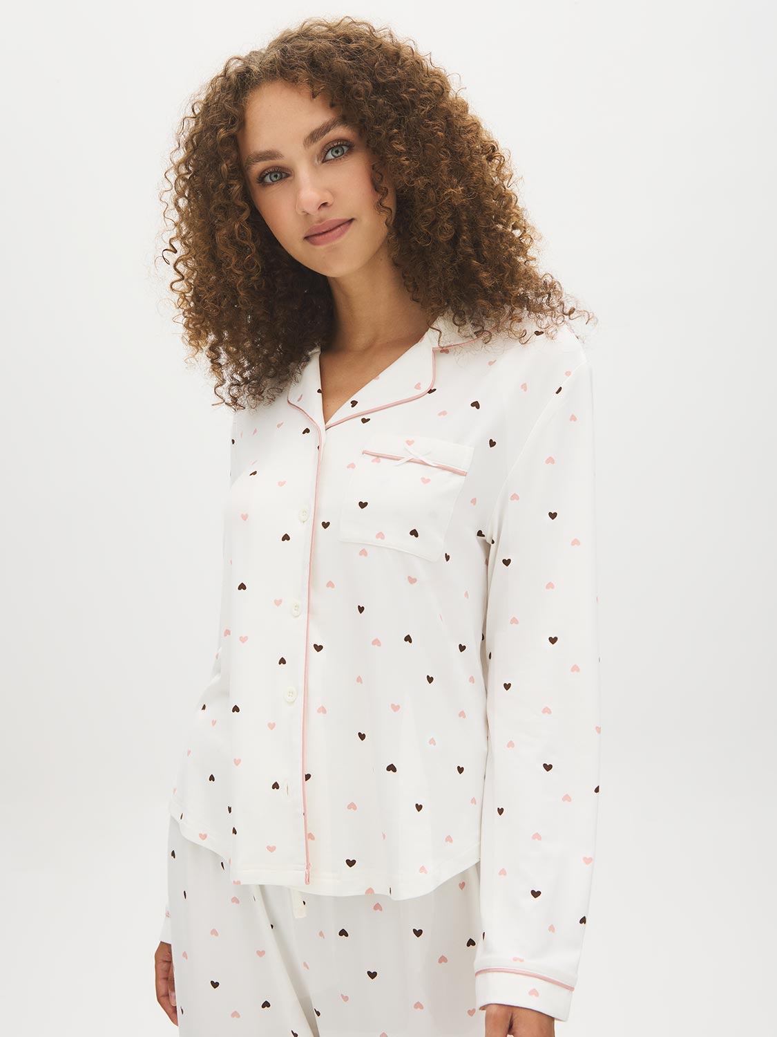 Snow White Hearts Print Two-Piece PJ Set - Woman Wearing Cozy Pajama Set - Suzy Shier