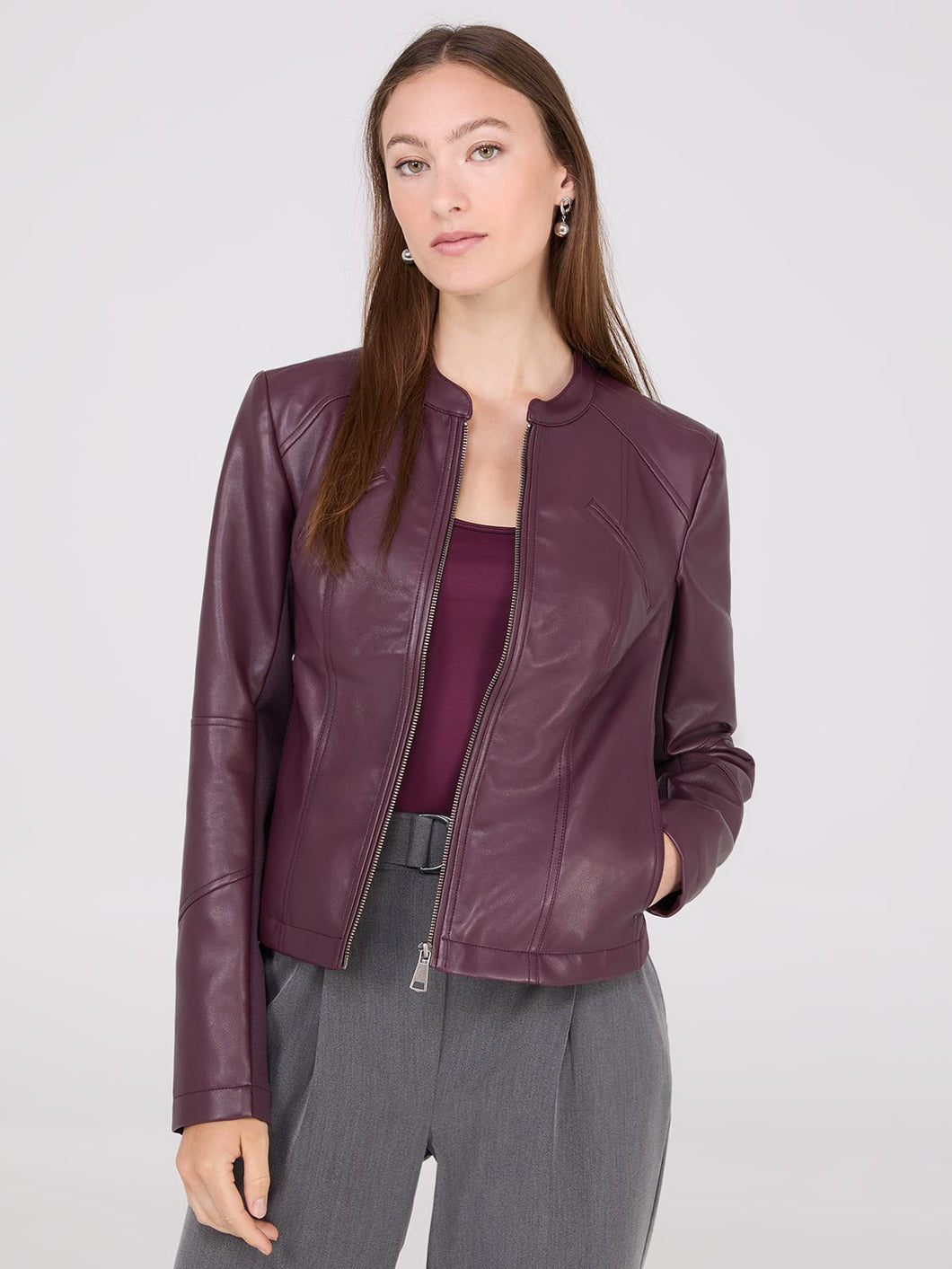 Collarless faux leather biker jacket best sale