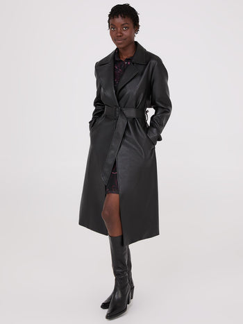 Long Faux Leather Trench Coat Black