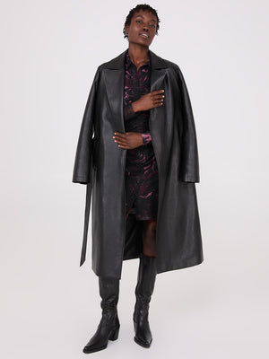 Long Faux Leather Trench Coat Black