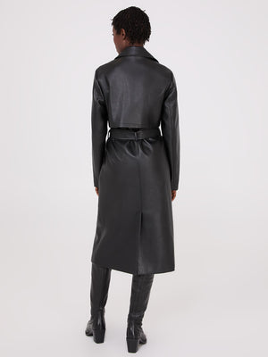 Long Faux Leather Trench Coat Black