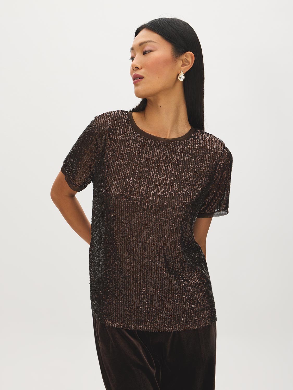 Brown Sequined Mesh Tee - Woman Wearing Sparkling Short Sleeve Top - Suzy Shier