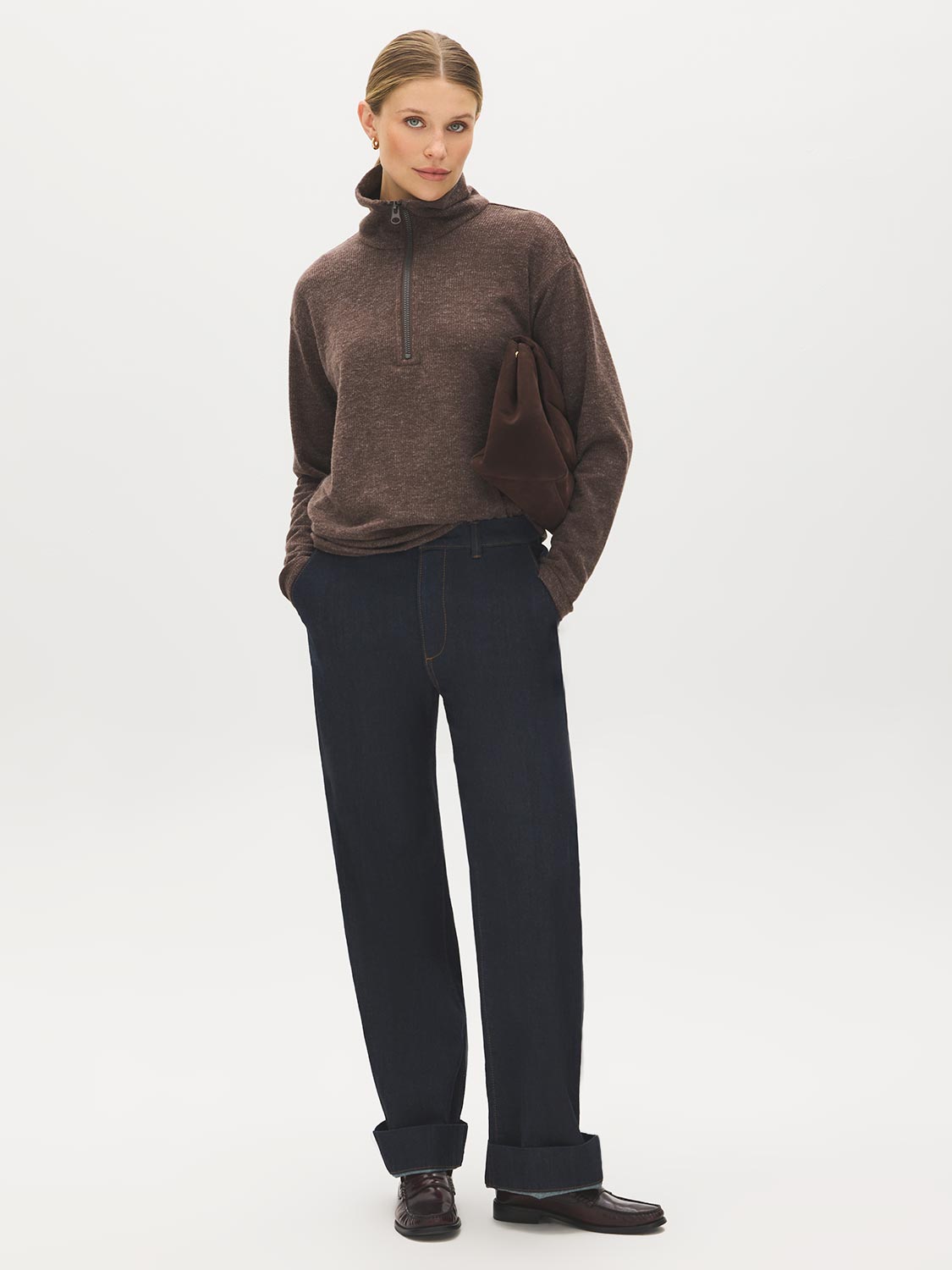 Coffee Bean Fluffy Rib Knit Top with Half Zip - Front View - Suzy Shier