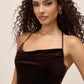 Chocolate Velour Midi Cowl Neck Dress - Close-up Neckline Detail - Le Chateau