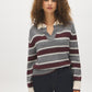 Brown/Burgundy/Dove Striped Polo Collar Knit Sweater - Woman Wearing Striped V-Neck Sweater - Suzy Shier
