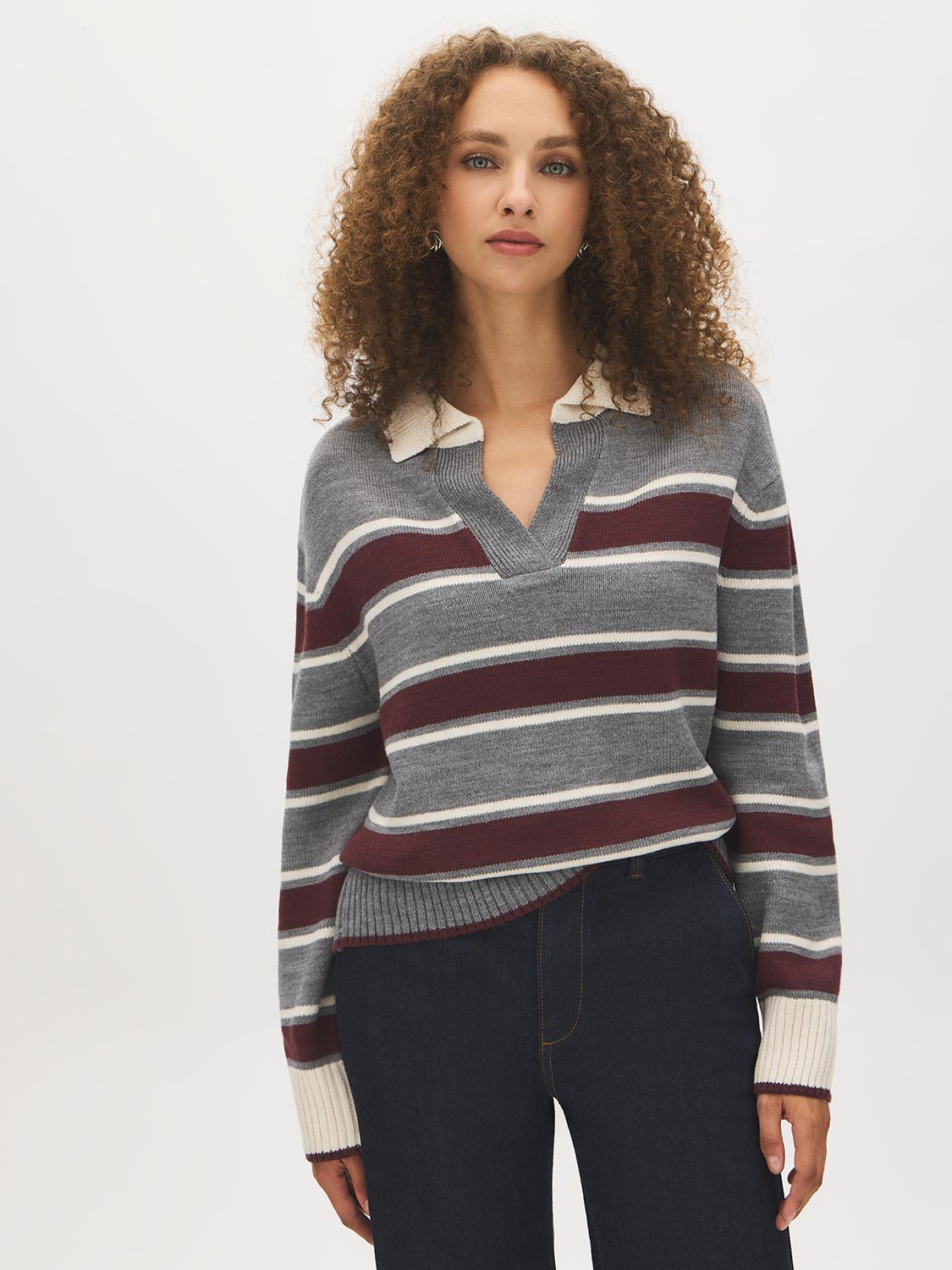 Brown/Burgundy/Dove Striped Polo Collar Knit Sweater - Woman Wearing Striped V-Neck Sweater - Suzy Shier