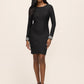 Black Textured Jacquard Boat Neck Sheath Dress - Woman Wearing Long Sleeve Evening Dress - Le Chateau