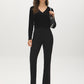 Black Velvet Top with Crochet V-Neck - Front View - Suzy Shier