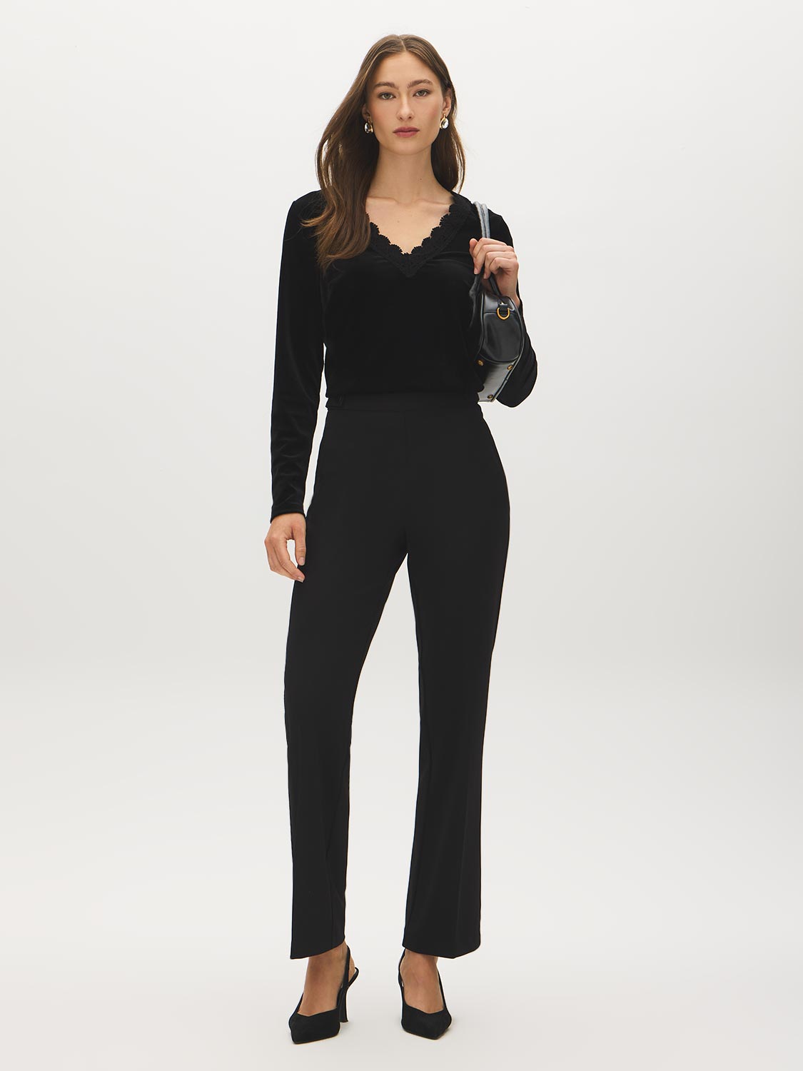 Black Velvet Top with Crochet V-Neck - Front View - Suzy Shier