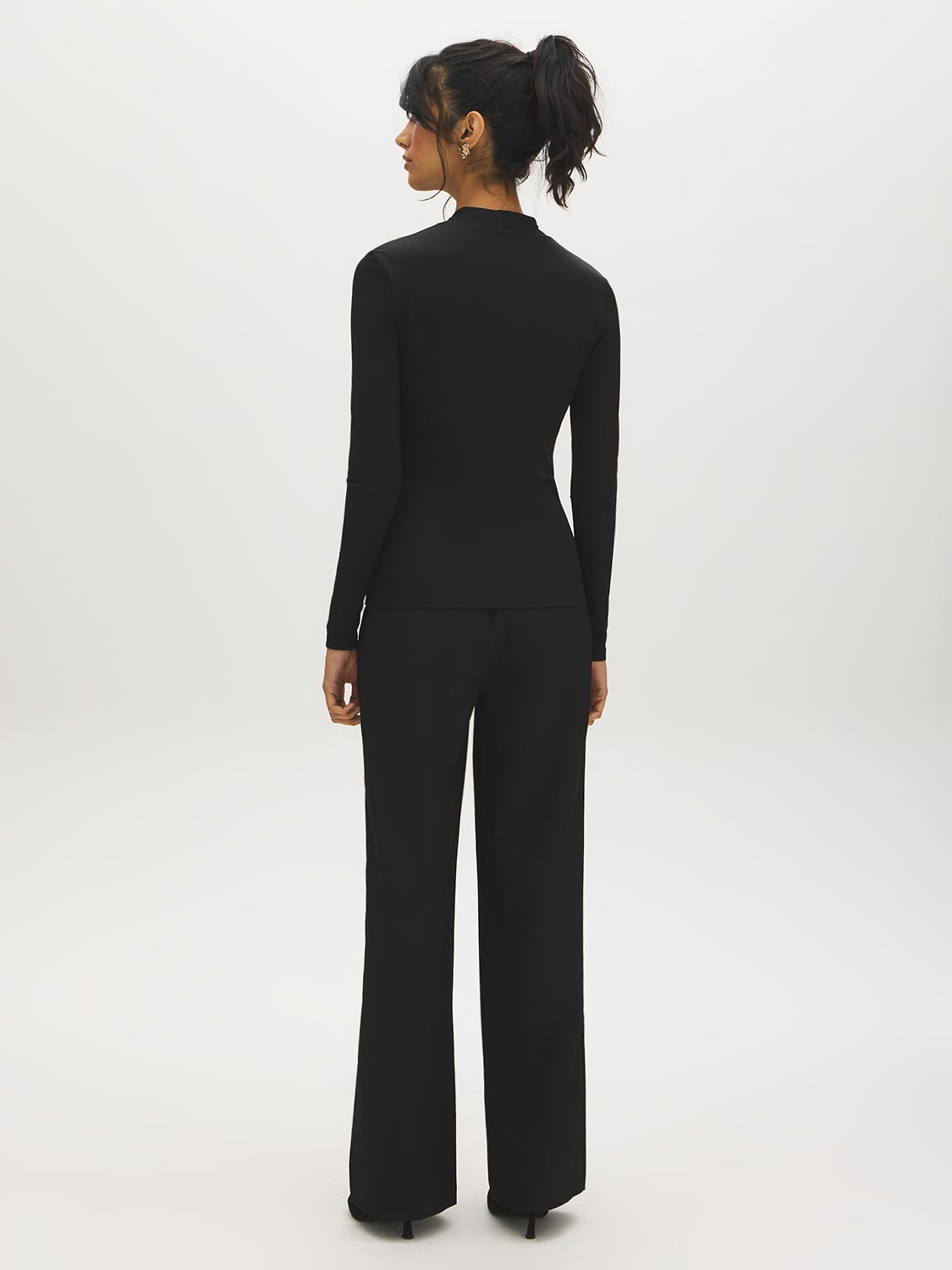 Jet Black Deep V-Neck Ribbed Knit Top - Back View - Suzy Shier