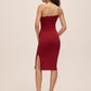 Red One-Shoulder Midi Dress with Rhinestone Trim - Side Back View - Le Chateau