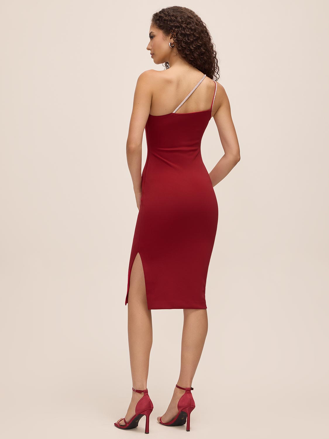 Red One-Shoulder Midi Dress with Rhinestone Trim - Side Back View - Le Chateau