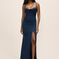 Midnight Blue Stretch Satin Gown with Bustier Upper - Front View - Le Chateau
