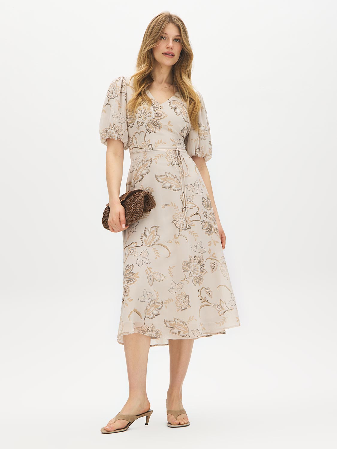 Gray Daze Floral Print Chiffon Midi Dress - Woman Wearing V-Neck Bubble Sleeve Dress - Suzy Shier