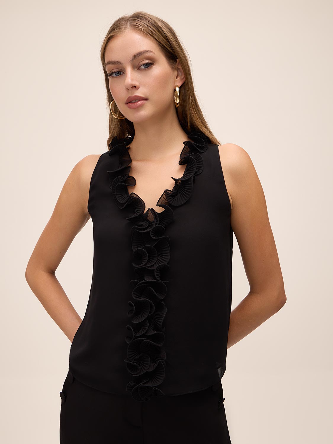 Black Plissé Ruffle Sleeveless Blouse - Front View - Le Chateau
