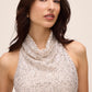 Silver/Champagne Cowl Neck Sequin Gown - Close-up Cowl Neck Detail - Le Chateau