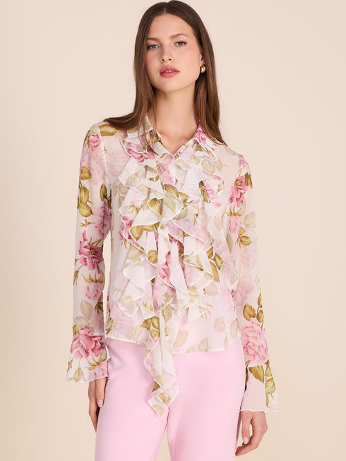 Floral Blouse With Front Ruffles