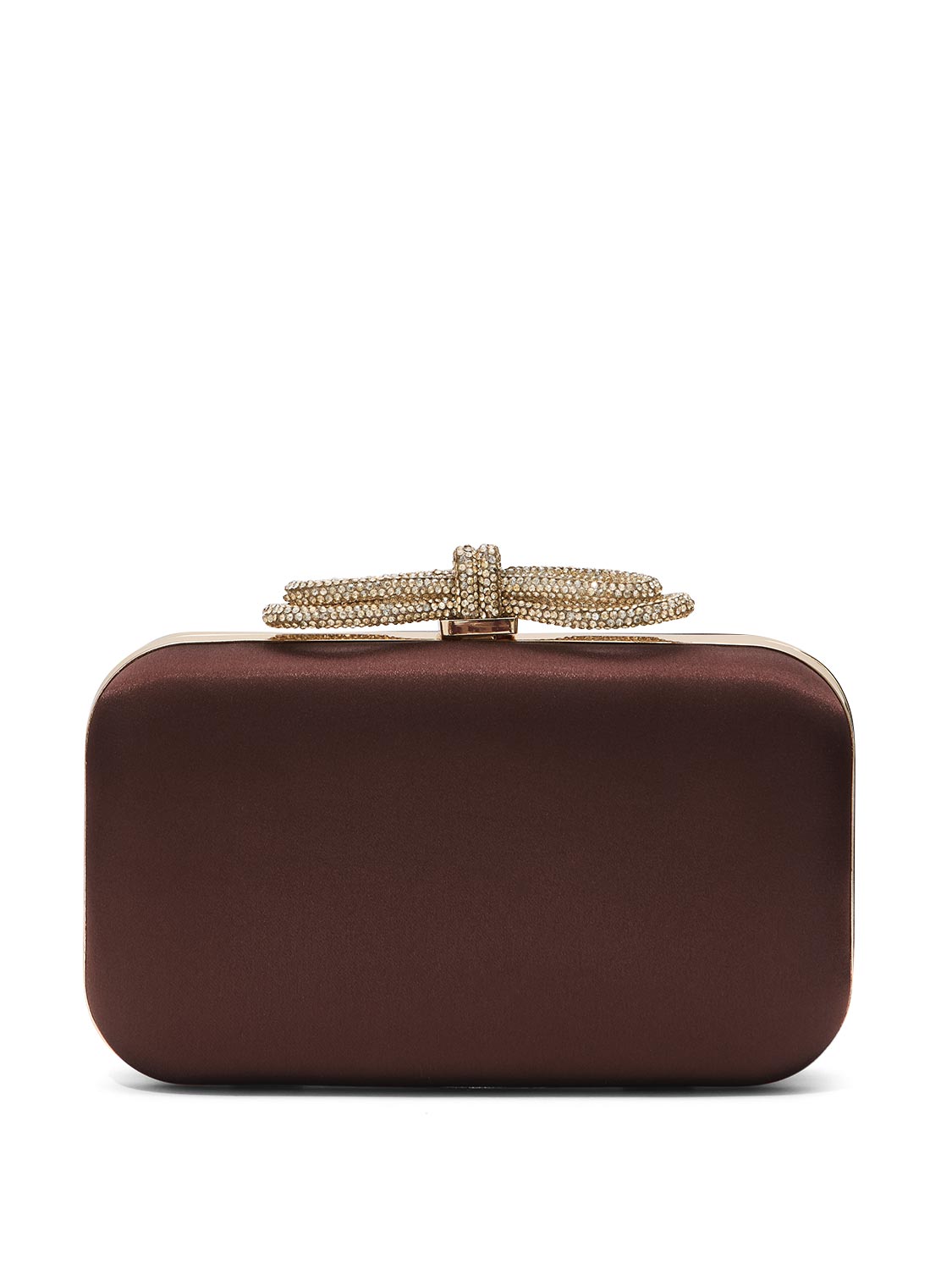 Brown/Gold Woven Satin Minaudière with Jeweled Bow - Elegant Evening Clutch - Le Chateau