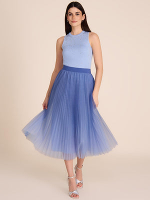 Pleated Mesh Midi Skirt Lt Blue