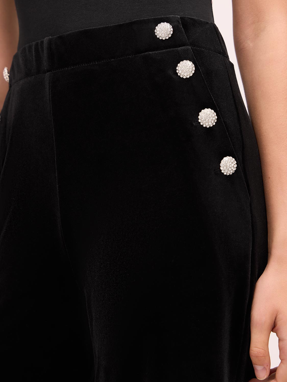 Black Velour Wide Leg Pant with Crystal Buttons - Close-up Button Detail - Le Chateau