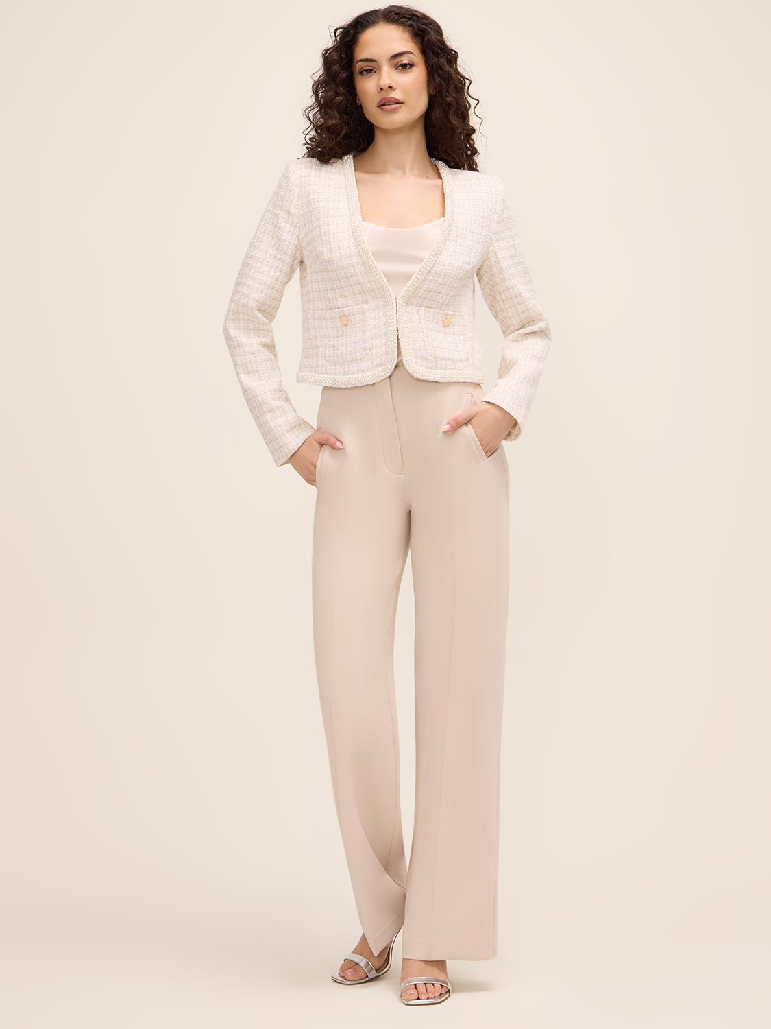 mistreass Elegant Bit Bouclé Coat Metallic Bouclé Blazer - Pearl Trim | Le Chateau – Suzy Shier