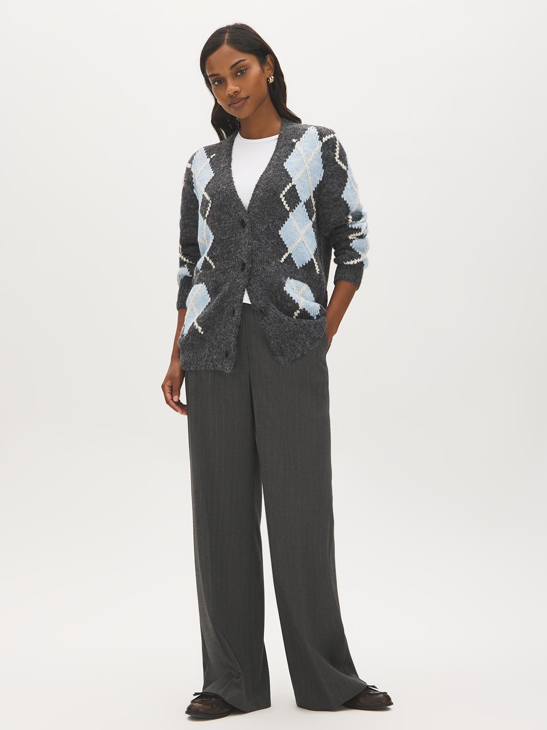 Charcoal V-Neck Button-Front Cardigan - Front View - Suzy Shier