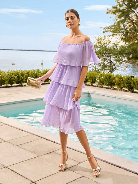 Tiered Pleated Lavender Dress - Midi, Off-The-Shoulder | Le