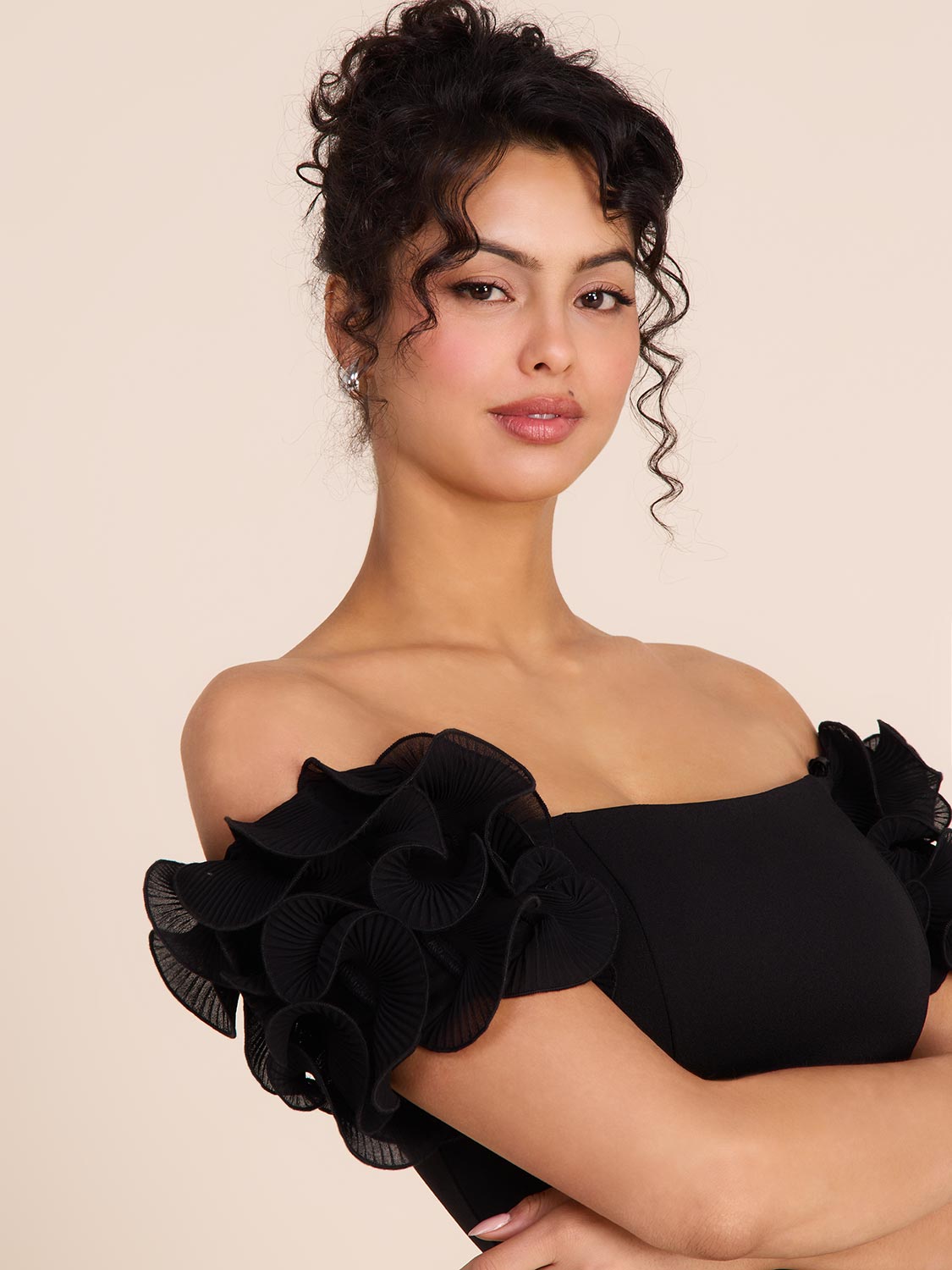 Black Midi Dress - Off-The-Shoulder, Rosette Sleeve | Le