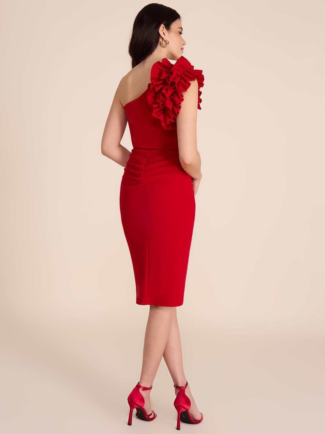One-Shoulder Midi Sheath Dress - Rosettes, Red | Le Chateau