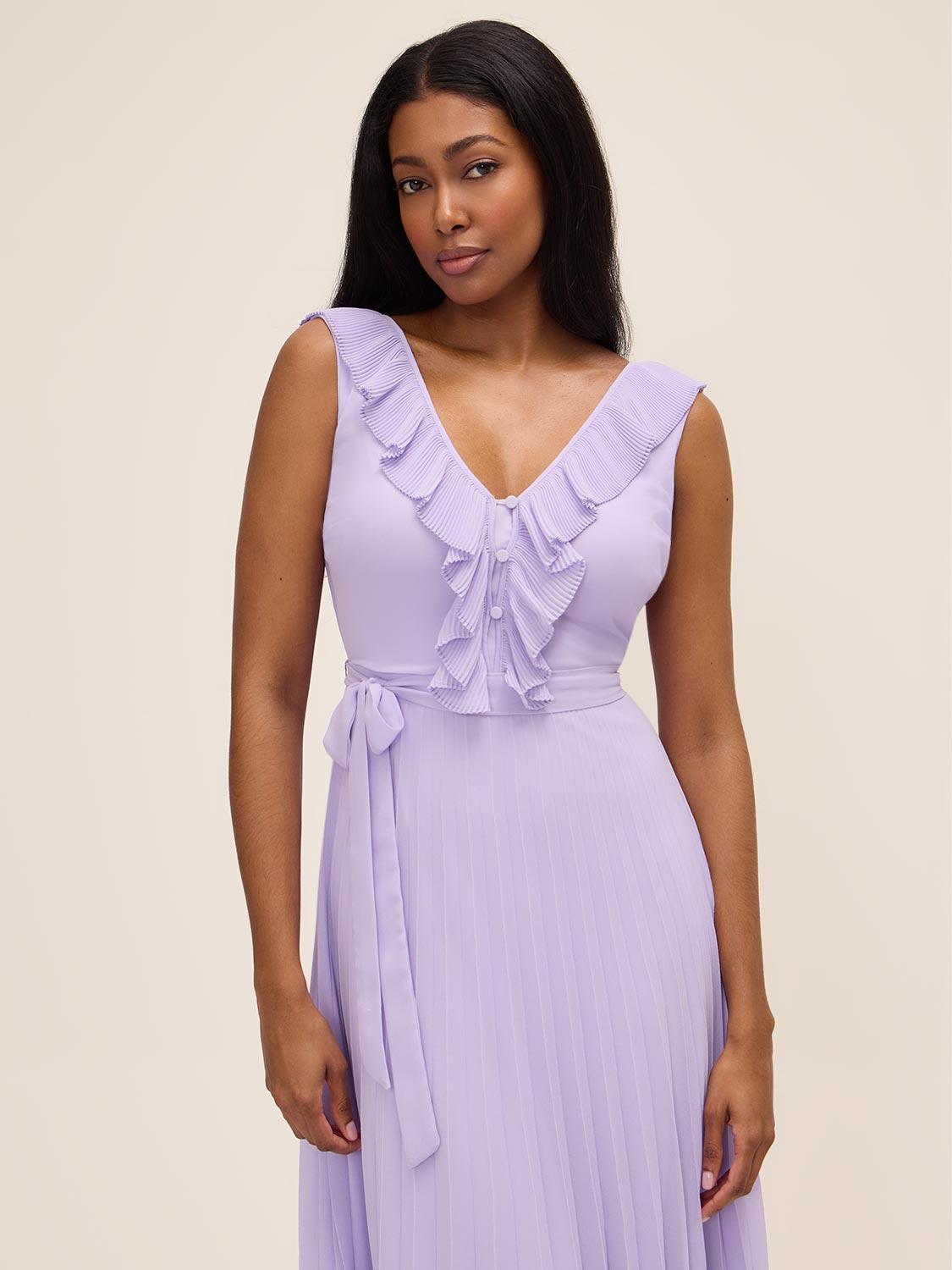 Pleated Chiffon Midi Dress - Lilac | Le Chateau Suzy Shier Pleated Chiffon Midi Dress - Lilac | Le Chateau Suzy Shier