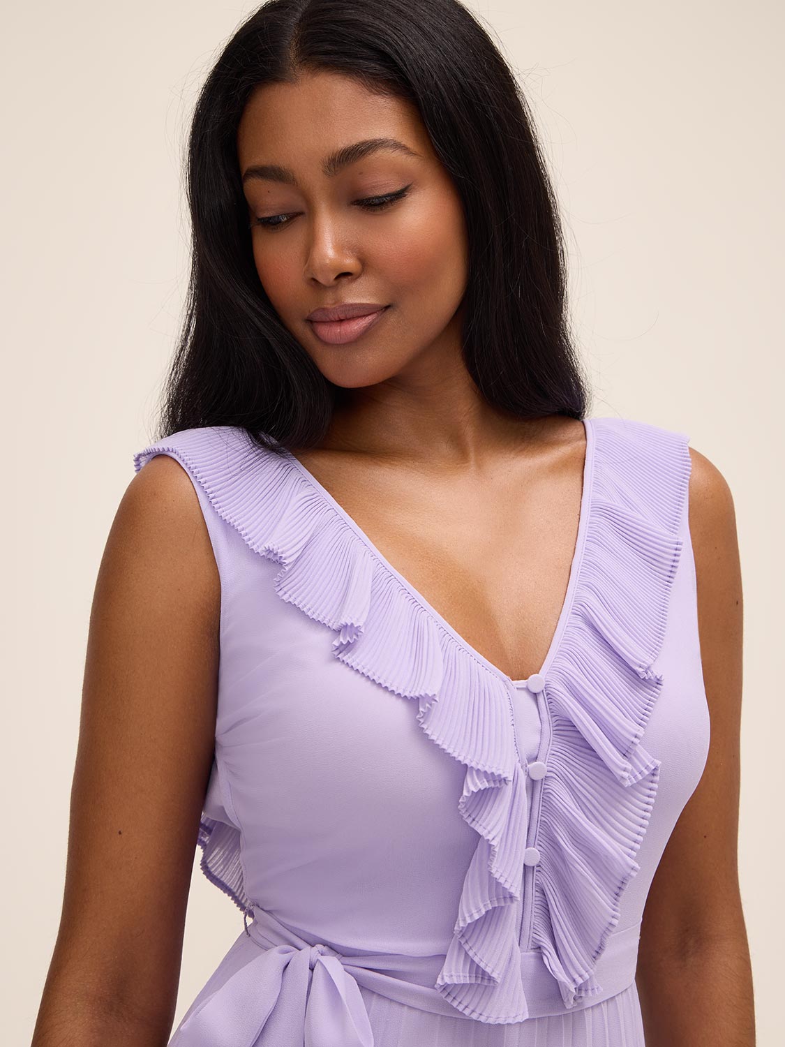 Pleated Chiffon Midi Dress - Lilac | Le Chateau Suzy Shier Pleated Chiffon Midi Dress - Lilac | Le Chateau Suzy Shier