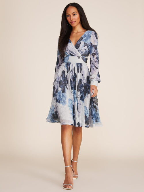 Printed Metallic Crinkle Knit Fit & Flare Midi Dress
