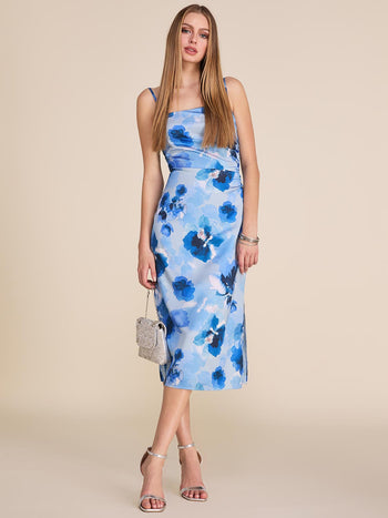 Floral Printed Midi Satin Dress Lt Blue