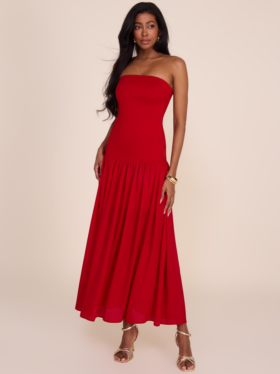 Strapless Midi Dress With Chiffon Skirt