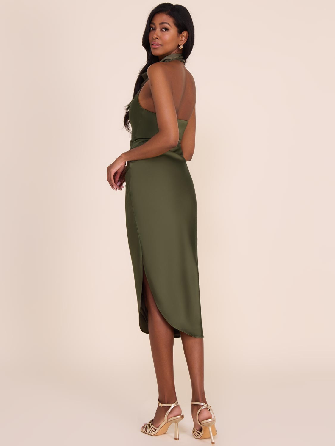 Draped Satin Halter Neck Dress - Midi