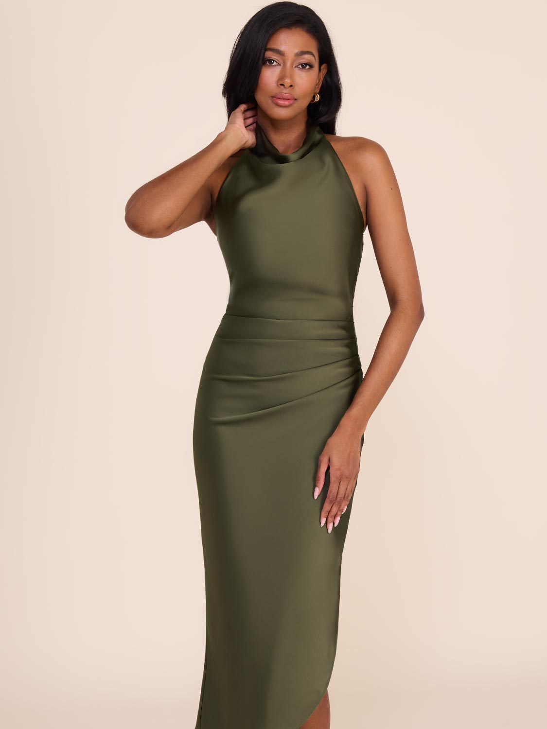 Draped Satin Halter Neck Dress - Midi