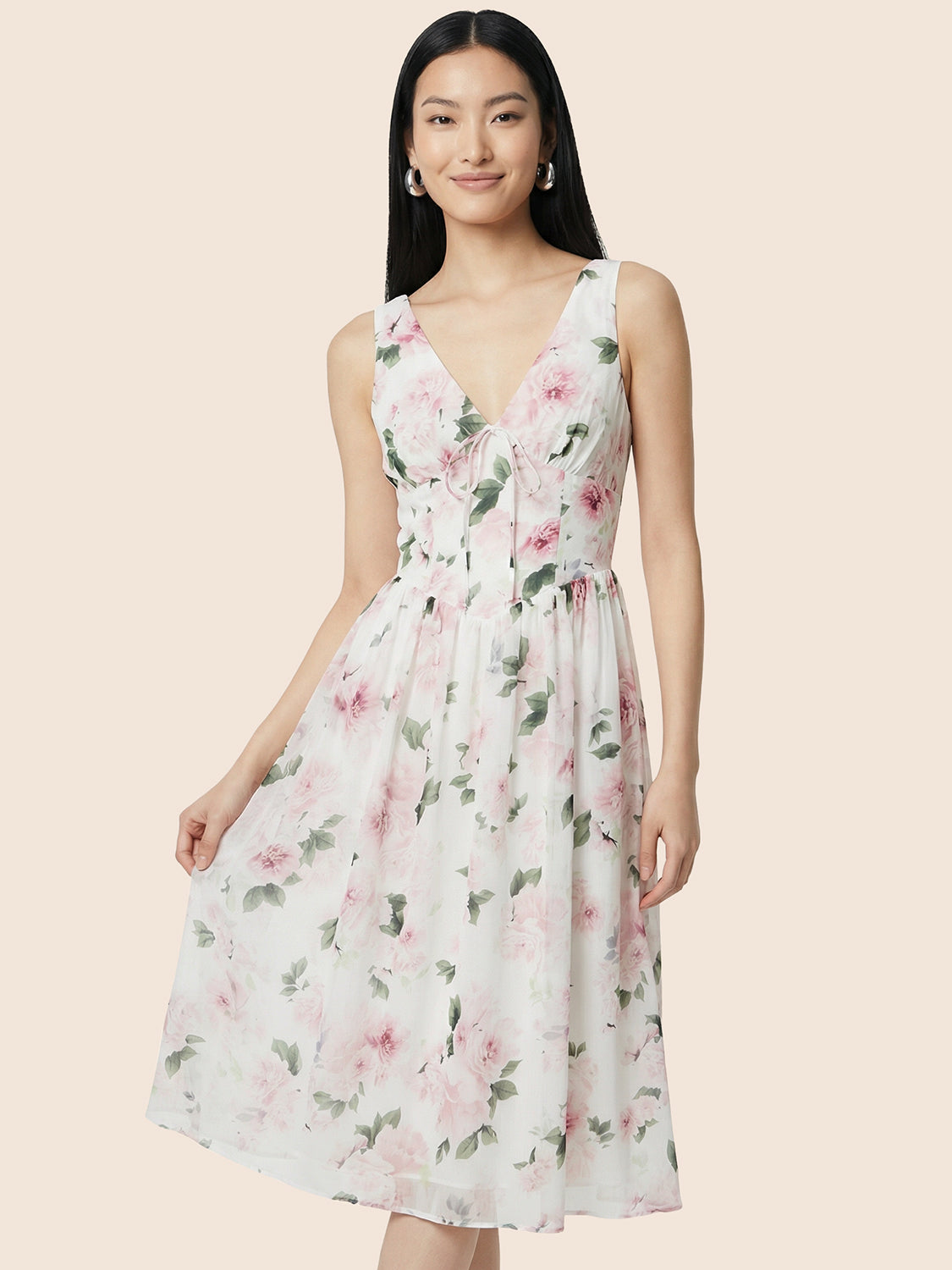 Robe mi-longue ajustée et évasée à motif floral