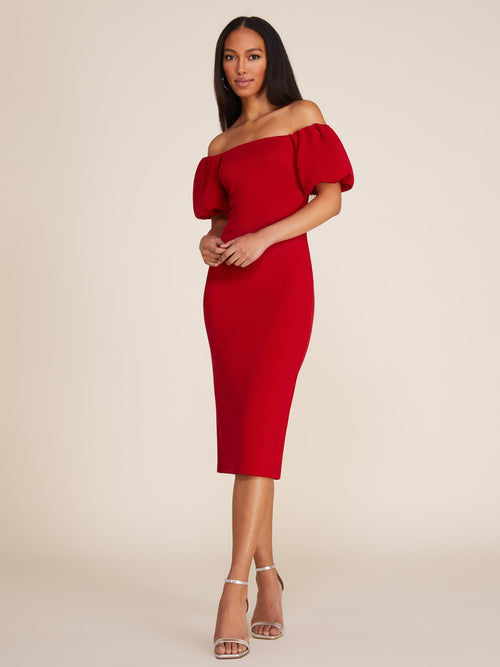 Off-The-Shoulder Puff Sleeve Fitted Midi Dress